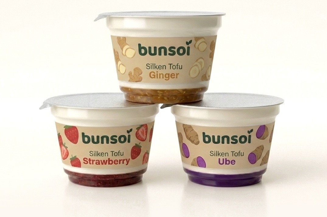 Bunsoi silken tofu cups — Strawberry, Ginger, and Ube flavors